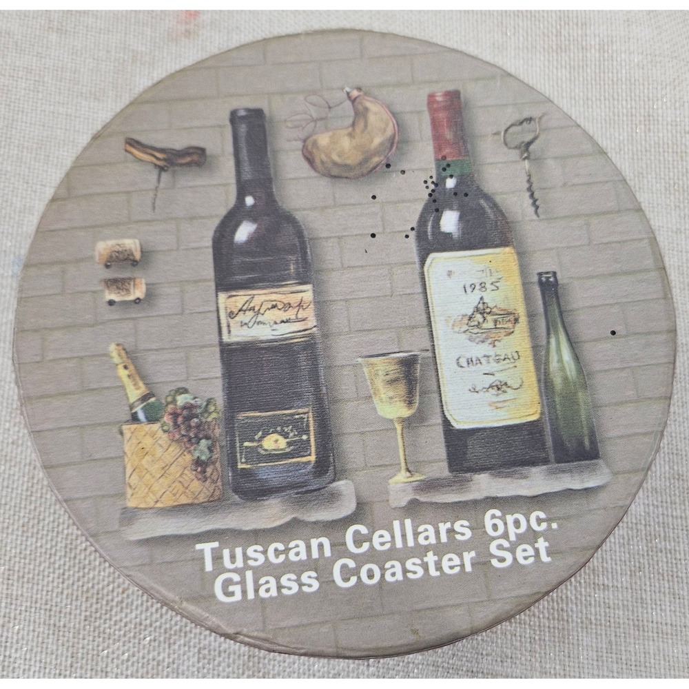 Pomerantz Tuscan Cellars Glass Coaster Set Wine Theme 6pc Round Vintage 6060